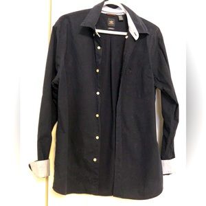 Black all cotton long button up shirt, unisex, cool cuffs, medium